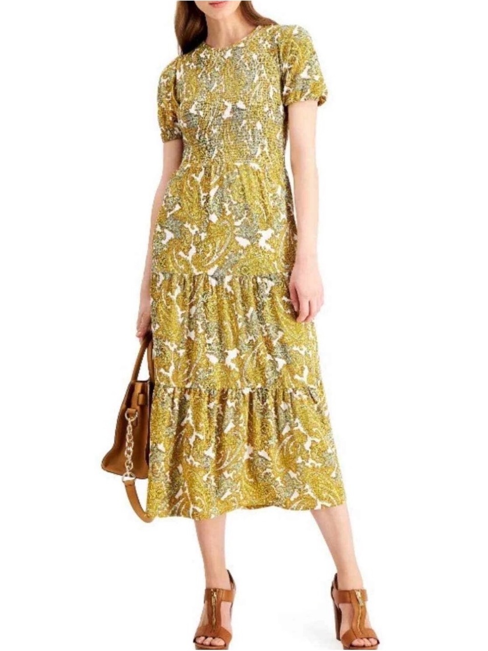 Michael Kors Smocked Paisley Saffron Midi Dress Small Girly Spring Summer.